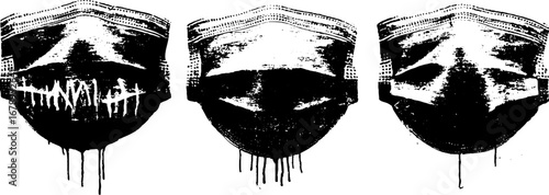 Urban graffiti stencil set: black and white face mask illustrations for creative design