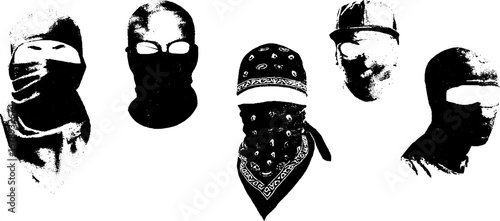 Urban graffiti stencil collection: black and white masked faces for street art design