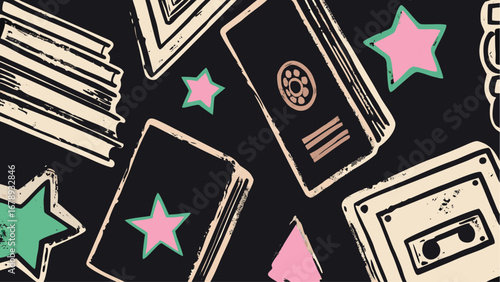 Retro design featuring books cassettes and stars on a dark background in a scattered arrangement style