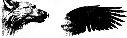 Black and white stencil illustration set of griffin elements for creative design