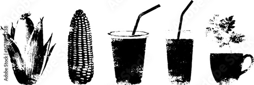Black and white grill set featuring corn and refreshing drinks for summer bbq poster