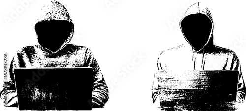 Hacker stencil art: black and white hoodie figures for urban design projects
