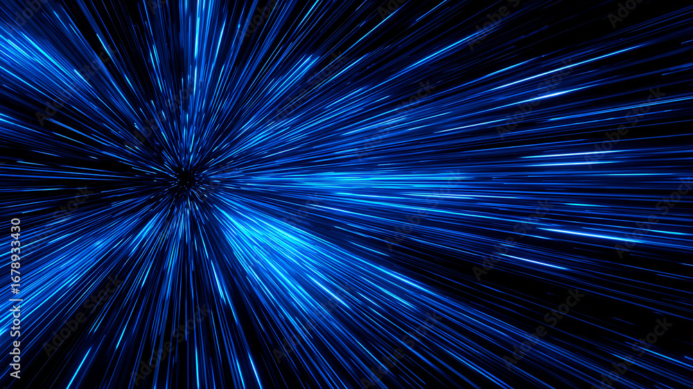 Fototapeta premium Electric blue light rays burst from a central point creating a dramatic, high-speed, abstract background.
