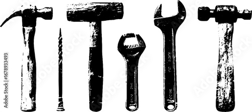 Black and white hammer tool set stencil collection for diy and construction projects