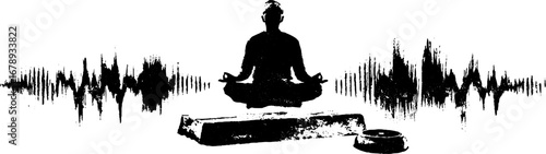 Meditation and sound waves in black and white stencil illustration