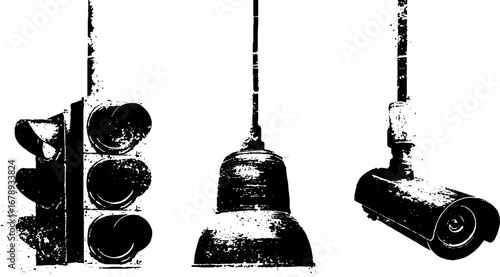 Black and white urban stencil set featuring traffic light, hanging lamp, and security camera for design projects