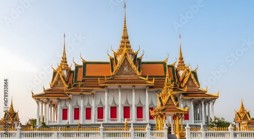 Wallpaper Mural Magnificent Golden Roofs and Spires of a Cambodian Royal Temple against a Clear Sky, Showcasing Ornate Traditional Architecture and Cultural Splendor. Torontodigital.ca