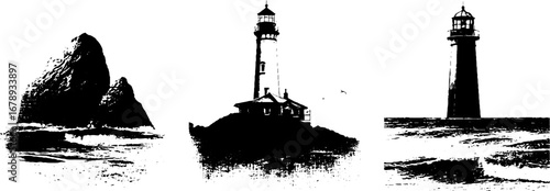 Coastal lighthouse silhouettes and harbor rock formations in black and white design for nautical art