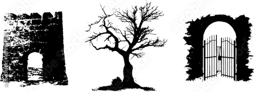 Black and white stencil set of haunting tree and architecture elements for urban art design