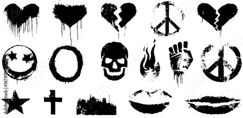 Black and white stencil set featuring heart and symbol designs for art projects