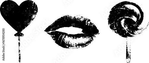Grunge heart, lips, and lollipop stencil set for urban design and art projects