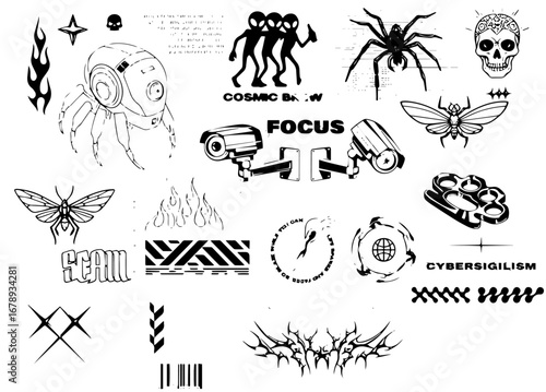 Y2K-inspired, retrofuturistic and brutalism elements in street aesthetics and trendy prints for clothing brand, T-shirts, typography. Streetwear prints, Y2K style with lettering. Vector graphic pack