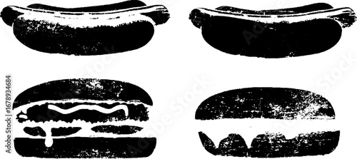 Black and white stencil illustrations of hotdogs and burgers for urban design projects