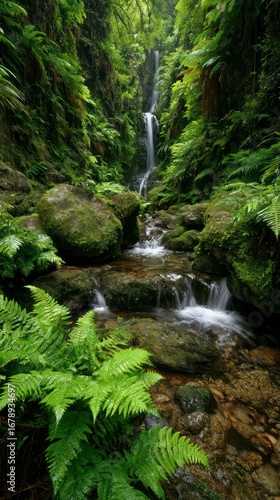 High detail photo of a waterfall cascading through lush tropical canyon, ferns in foreground