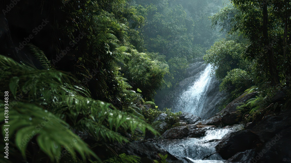 Fototapeta premium High detail photo of a waterfall cascading through lush tropical canyon, ferns in foreground