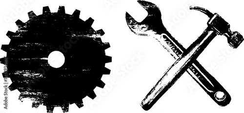 Industrial tools stencil set: wrench and gear illustration for vintage designs