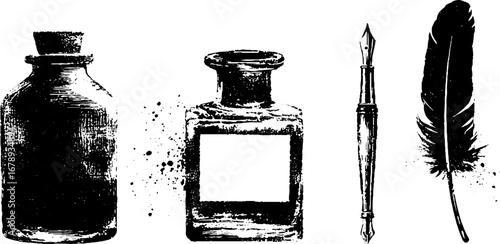 Vintage ink tools and quill pen illustration set for artistic design