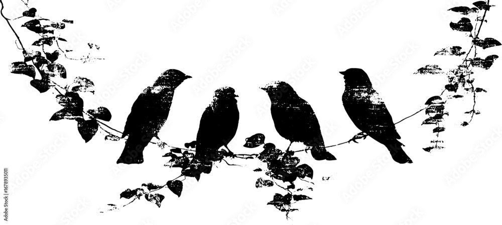 Fototapeta premium Black and white jungle bird silhouette stencil set for nature-inspired design