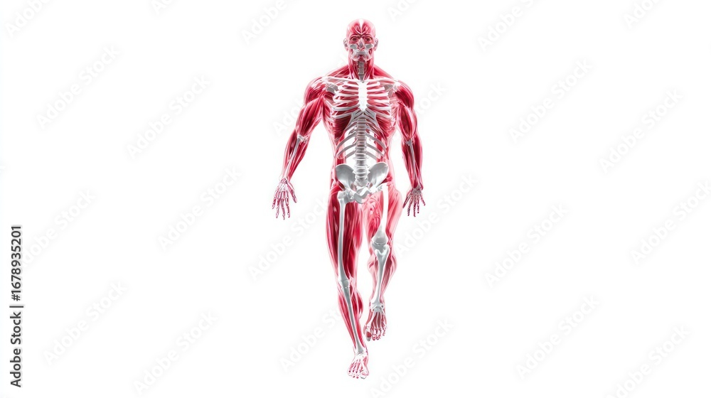 Obraz premium Full-body 3D model of human muscles and skeleton, semi-transparent effect showing bones inside