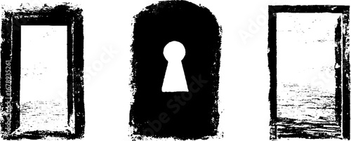 Grungy black and white keyhole and frame stencil collection for urban design