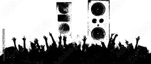 Black and white music concert silhouette with speaker stencil design for urban posters