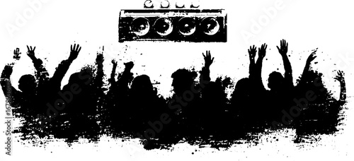 Black and white stencil art silhouette of people at a concert with sound system