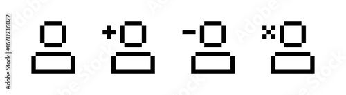 Pixel user icons with add remove and block variations, profile symbol set, account management icons, digital avatar collection, Vector illustration, Pixel art.