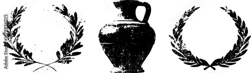 Black and white grunge stencil laurel collection with vintage vase design