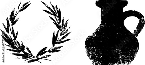 Black and white stencil designs featuring laurel wreath and vintage vase for artwork and decoration