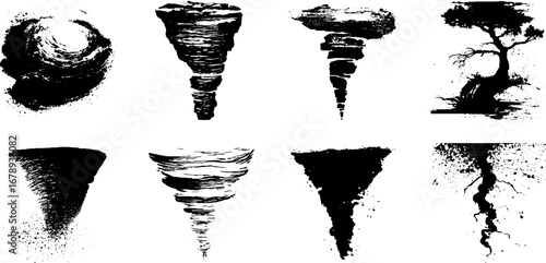 Black and white stencil set featuring lava tornado tree designs for art and decoration