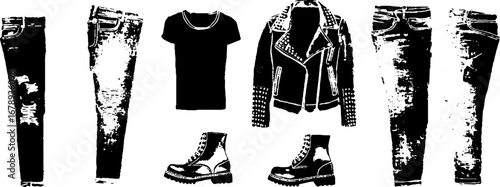 Black and white stencil illustration of leather clothing and boots for fashion design