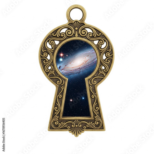 A floating, antique brass keyhole with a galaxy visible through it, against a seamless pure white background, no shadows, 4k ultra-high resolution.