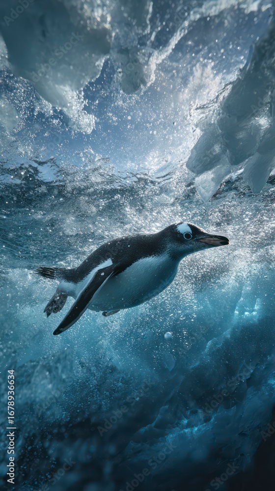 Obraz premium Close-up underwater view of a penguin gliding past an iceberg wall, light rays cutting through