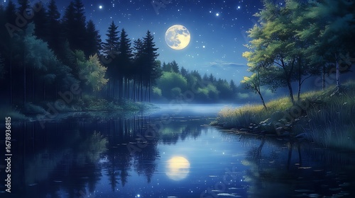 Serene moonlit lake nestled within a tranquil forest