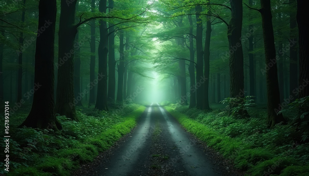 Fototapeta premium Sunlit forest path splits, offering two distinct routes through green trees. One way narrow, rocky trail faith, wide, smooth road representing temptation. Imagery evokes decisions, life journeys.