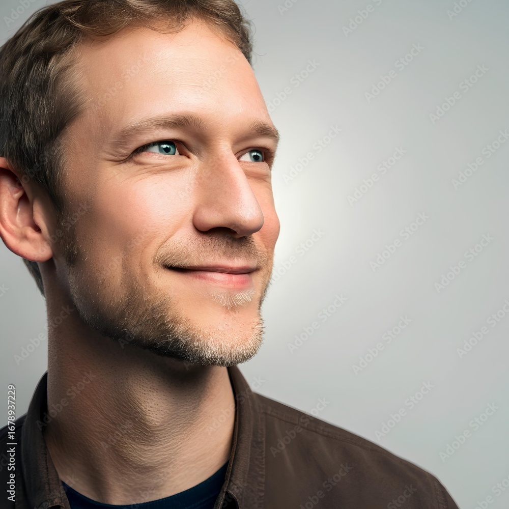 Fototapeta premium Close-up of adult man with short light brown hair and facial stubble, wearing dark shirt, looking upward with neutral expression on gray background