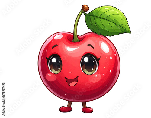  Smiling Cute Cartoon Cherry with Big Eyes, isolated on transparent background.