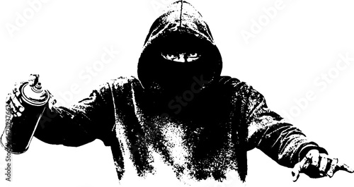 Black and white stencil masked figure with spray can for urban art