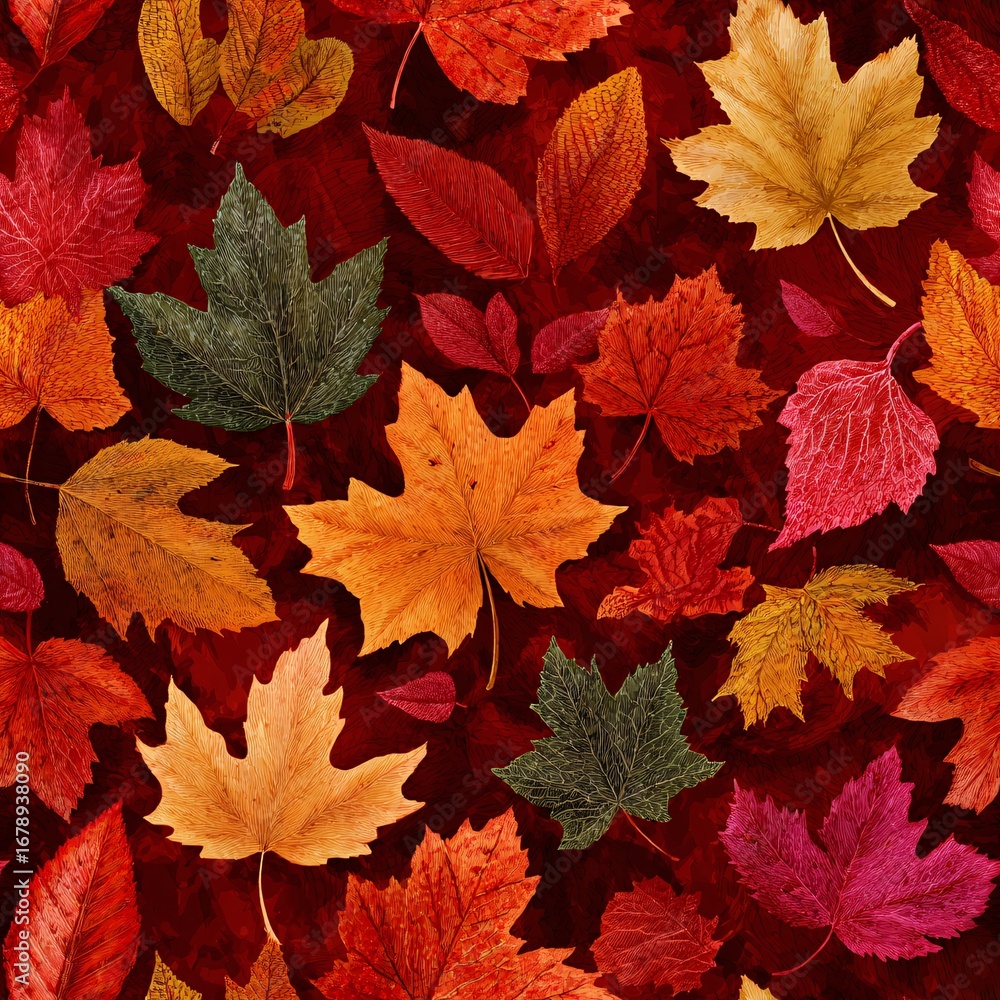 Fototapeta premium Autumn leaves fabric pattern in warm colors seamless