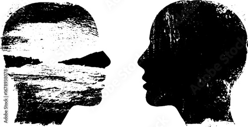 Black and white stencil portraits of silhouette heads with grunge texture for artistic design