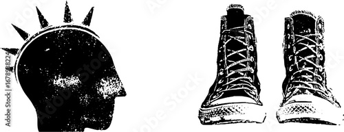 Punk culture elements: mohawk and sneakers black and white stencil design set