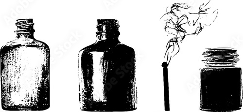 Black and white stencil illustration set of bottles and smoking matchstick for design projects