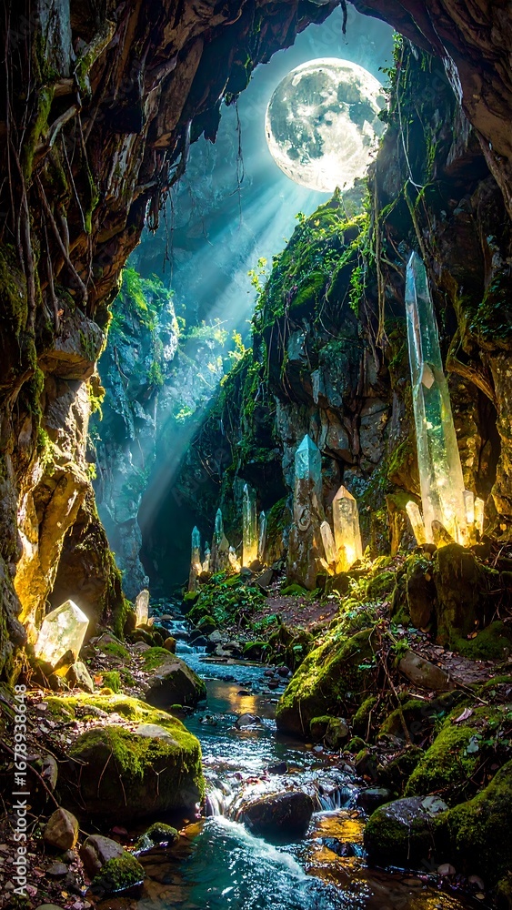 Fototapeta premium A captivating cavern scene, illuminated by a moonlit glow, showcases crystals and a tranquil stream, evoking a mystical and serene atmosphere.