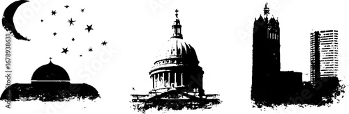 Monochrome moon and architectural elements silhouette stencil collection for design