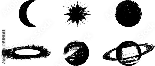 Black and white stencil moon and planet set for urban design and decoration