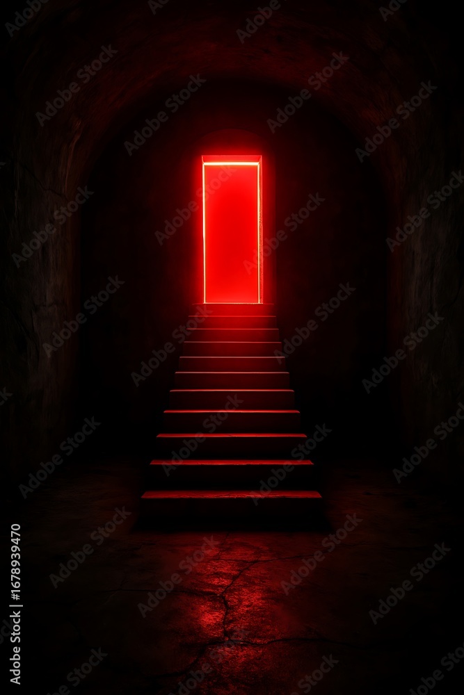 Fototapeta premium Mysterious glowing red doorway at the end of a dark hallway with illuminated stairs