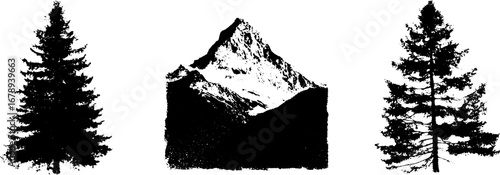Black and white stencil set of mountain and pine trees for design and decoration