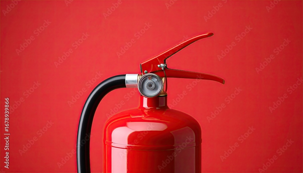 Obraz premium Red fire extinguisher on a red background close up