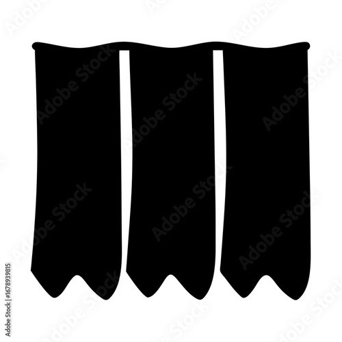 Stylized black silhouette of three draped curtains hanging from a curtain rod