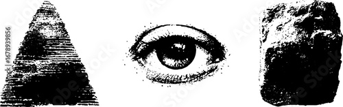 Black and white stencil illustration set of pyramid, eye, and stone for design projects